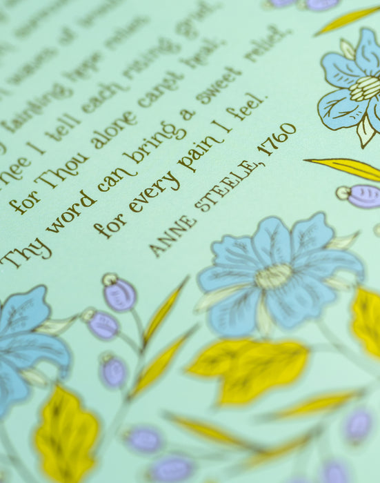 Illustration detail of Dear Refuge Of My Weary Soul hymn art print surrounded by a gorgeous blue and lavender floral with a light teal background