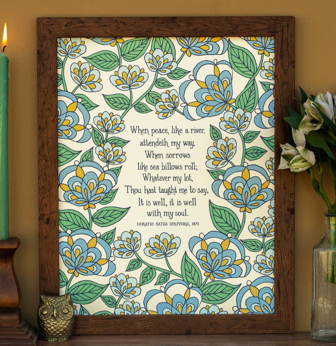 It Is Well Hymn Art Print - 11x14 - Blue Floral