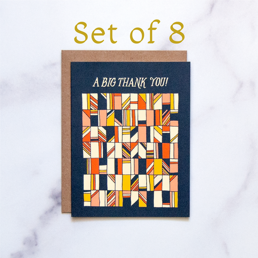 This set of big thank you cards by Little Things Studio is a whimsical way to convey your gratitude—with a retro, geometrical design and navy background.