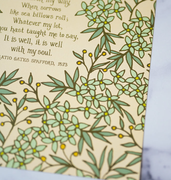 Floral detail of It is Well 11x14 Hymn Art Print light green floral surrounding the hand written hymn on a cream background closeup corner detail