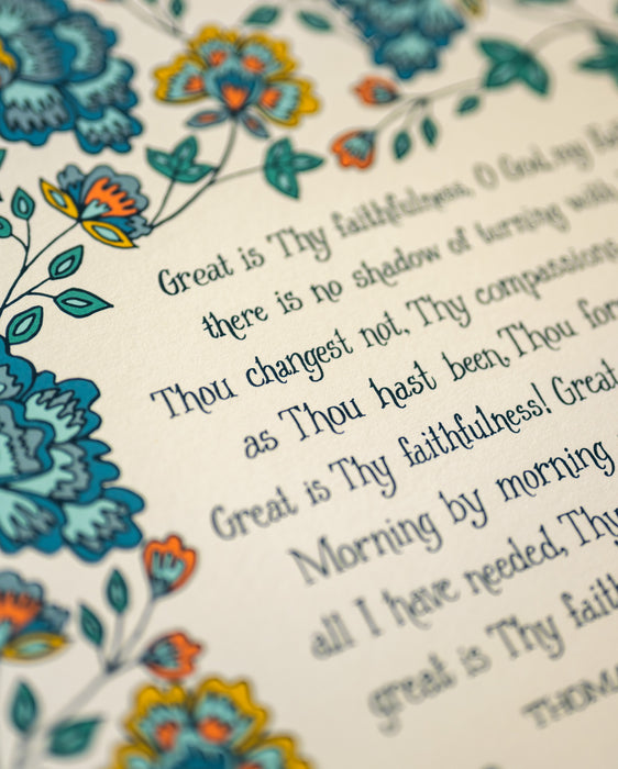 Great is thy faithfulness hymn art print 11x14 with blue floral on a cream background closeup hand-lettered text detail