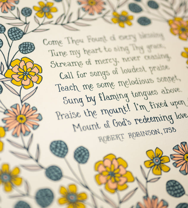 Come Thou Fount hymn art print wall art 11x14 delicate blue, yellow and pink floral surrounding the handwritten font closeup detail