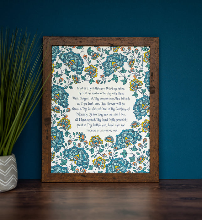 Great is Thy Faithfulness hymn wall art print 11x14 with blue floral on a cream styled with a dark frame displayed alongside a potted plant