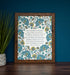 Great is Thy Faithfulness hymn wall art print 11x14 with blue floral on a cream styled with a dark frame displayed alongside a potted plant