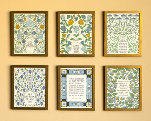 This bundle features six 8 x 10 prints featuring Scripture or hymn verses accented by intricate illustrations; shown here displayed in wooden frames and hung together in a wall art collage.