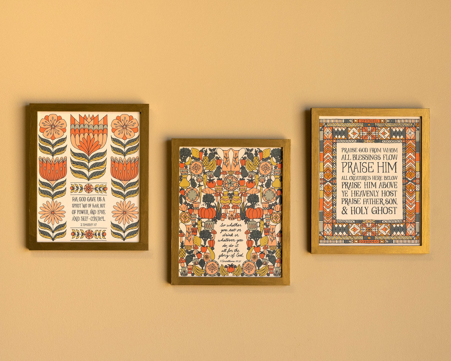 This bundle features three 8 x 10 prints featuring Scripture or hymn verses accented by intricate illustrations; shown here displayed in wooden frames hung together