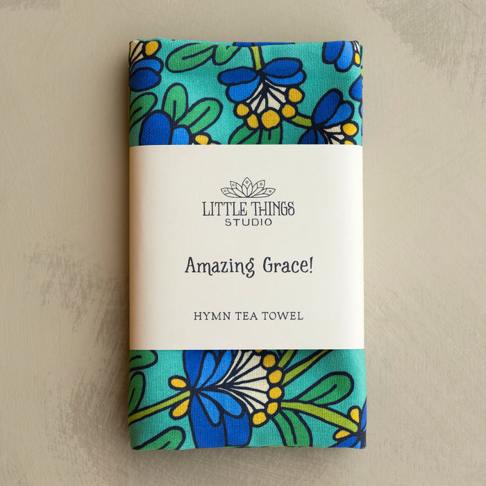 Amazing Grace Hymn Tea Towel - Full Color Aqua