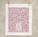 Blest Be the Tie hymn tea towel, printed on a cotton flour sack in midnight magenta, displayed unfolded and hung with clothes pins