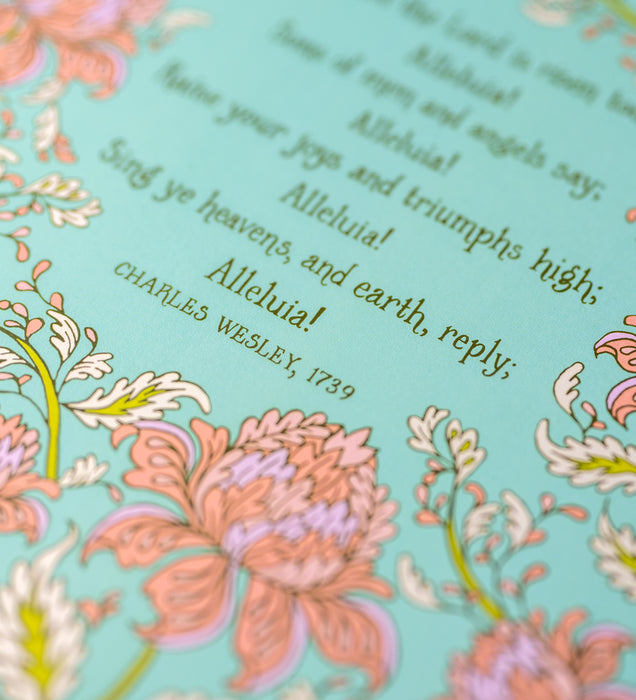 Text detail of hymn art print of Christ the Lord is Risen today, featuring hand-lettered hymn text and hand illustrated florals in corals and pinks against a mint green background