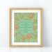 Hymn art print of Christ the Lord is Risen today, featuring hand-lettered hymn text and hand illustrated florals in corals and pinks against a mint green background, displayed in a light wood frame.