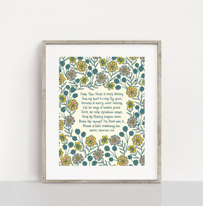 Come Thou Fount hymn art print wall art — an 11x14 Christian picture for your wall featuring delicate blue and pink floral surrounding the handwritten font in a light colored frame