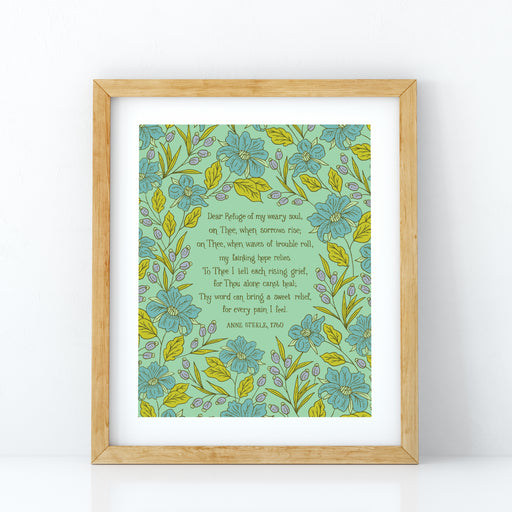 Dear Refuge Of My Weary Soul hymn art print surrounded by a gorgeous blue and lavender floral with a light teal background, displayed in a light wood frame.