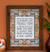 Doxology hymn art print — biblical wall art showcasing the soft blue, peach, and gold stained glass border that surrounds the hand-lettered text, framed in a dark wood frame and styled alongside a ceramic chicken and a vase of greens.