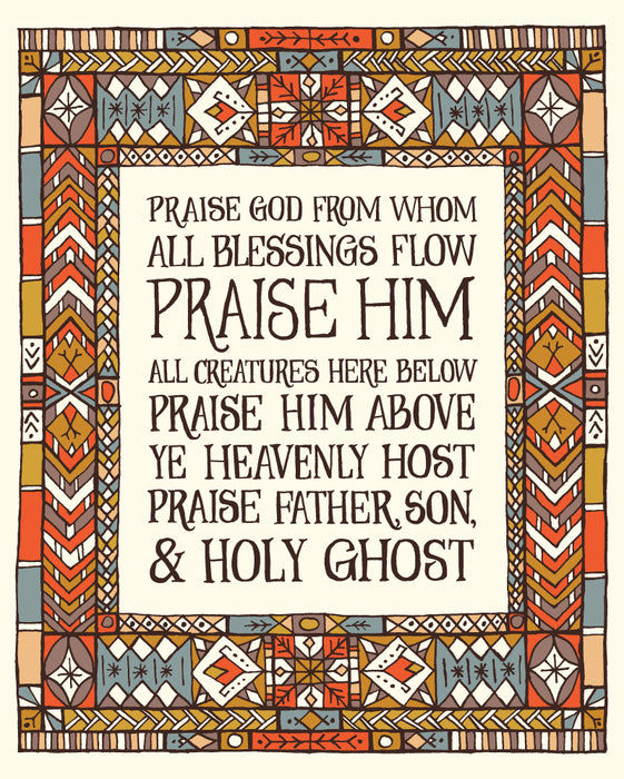 Flat print image of the Doxology wall art featuring hand lettered text surrounded by a multi-coloured stained glass illustration