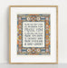 The Doxology hymn art print - soft in 11x14 features hand-lettered text accented by a soft blue, peach, and gold stained glass border, mounted in a light colored frame against a white background.