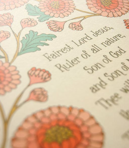 Hand-lettered text detail of Fairest Lord Jesus wall art — a Christian art print showcasing hand-lettered hymn text surrounded by floral design in shades of pink, light orange and green