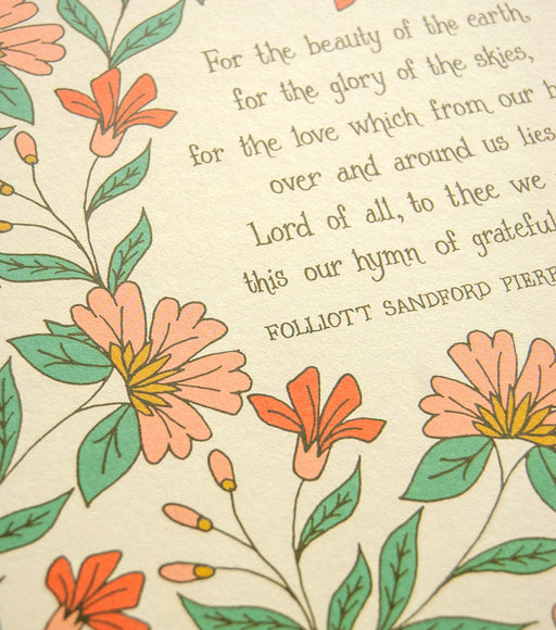 Hand-lettered text detail of Artwork of the hymn, For the Beauty of the Earth — Christian artwork for the home that features hand-lettered hymn text surrounded by floral design in pink, yellow, light red, and green