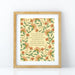 Artwork of the hymn, For the Beauty of the Earth — Christian artwork for the home that features hand-lettered hymn text surrounded by floral design in pink, yellow, light red, and green, displayed in a light wood frame