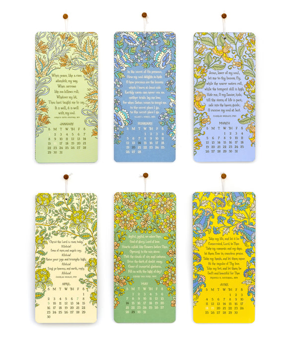 The 2023 Hymn Calendar by Little Things Studio, featuring 12 months of hymns with hand lettered text and vibrant floral illustrations; image displays the front side of months January through June against a white background