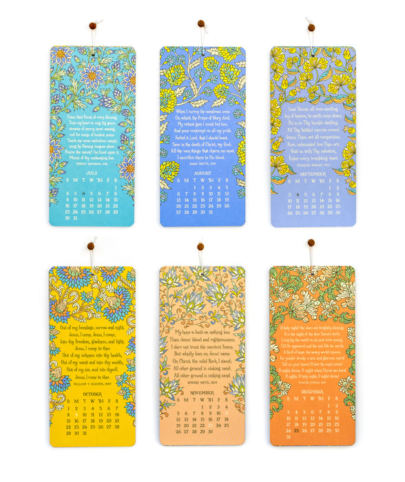 The 2023 Hymn Calendar by Little Things Studio, featuring 12 months of hymns with hand lettered text and vibrant floral illustrations; image displays the front side of months July through December against a white background