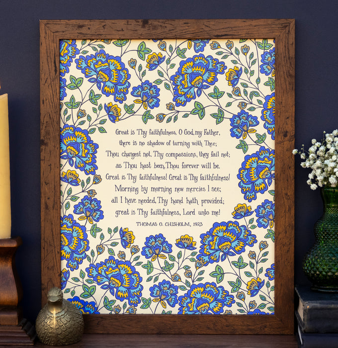 Great is Thy Faithfulness Hymn Art Print - 11x14 - Blue Floral