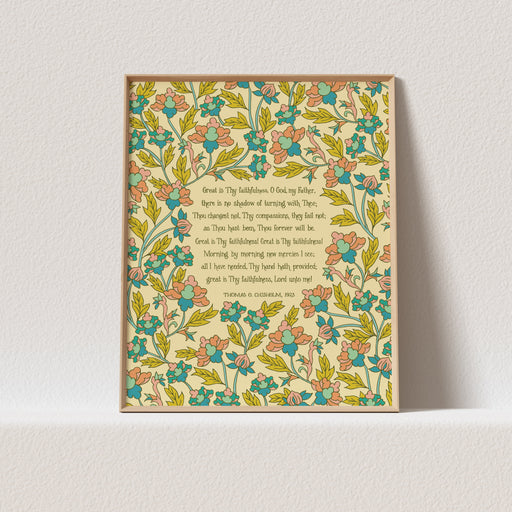 This "Great Is Thy Faithfulness" art print displays the cherished hymn surrounded by a delicate multi-colored floral against a cream background that will brighten up any room.