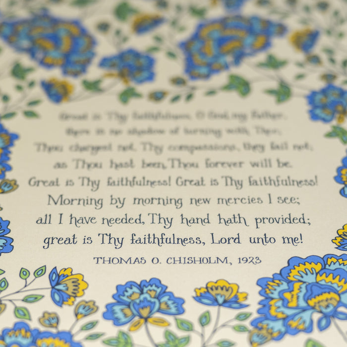 Great is Thy Faithfulness Hymn Art Print - 11x14 - Blue Floral