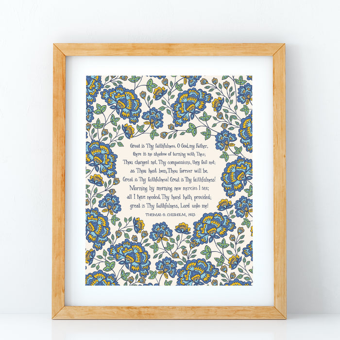 Great Is Thy Faithfulness Hymn Art Print - Blue Floral