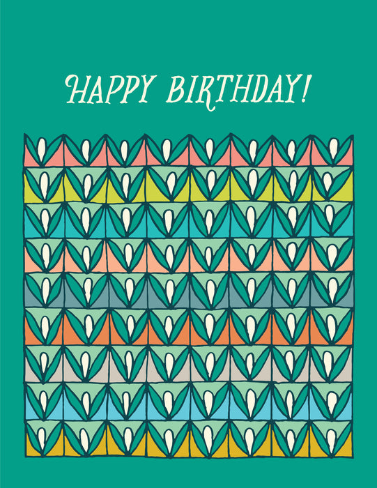 Flat image of the Happy Birthday! card, which is a blank birthday card with cheerful, vibrant illustrations against a happy green background.