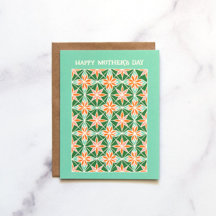 The Mother's Day Greeting Card features a floral pattern on a beautiful aqua background, shown here against a white marble backdrop.