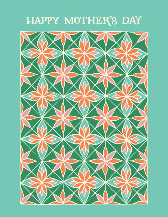 Flat image of the Mother's Day Greeting Card features a floral pattern on a beautiful aqua background.