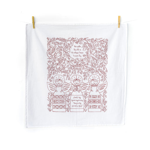 Hark! The Herald Angels Sing Christmas tea towel features lyrics of two hymns: one for Advent ("The world in solemn stillness lay, to hear the angels sing" from It Came Upon a Midnight Clear) and one for Christmas ("Hark! The herald angels sing, 'Glory to the newborn King!'"). As usual, the tea towel features beautiful hand-lettered design with a floral border and our iconic heralding angels, printed in cranberry on a 100% cotton tea towel, shown hung by clothes pins.