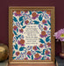 Holy Holy Holy art print — biblical wall art featuring hand lettered text surrounded by floral illustrations in shades of magenta, teal, and burnt orange displayed in a frame with vase of flowers and a gold apple.