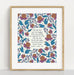 Holy Holy Holy art print — biblical wall art featuring hand lettered text surrounded by floral illustrations in shades of magenta, teal, and burnt orange displayed with matte in a frame against a white background