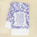 How Firm a Foundation hymn tea towel is printed in periwinkle and shown folded against a khaki background