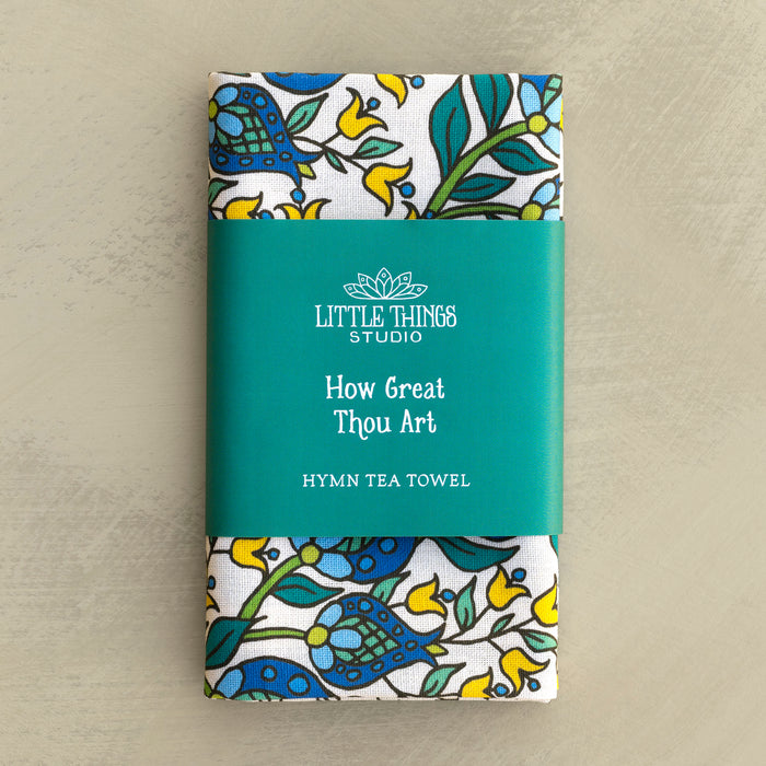 How Great Thou Art Hymn Tea Towel - Full Color - Blue Floral