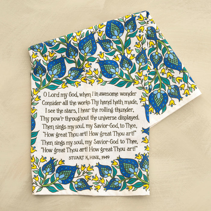How Great Thou Art Hymn Tea Towel - Full Color - Blue Floral