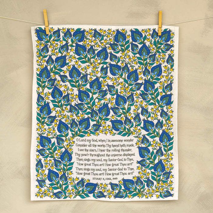 How Great Thou Art Hymn Tea Towel - Full Color - Blue Floral