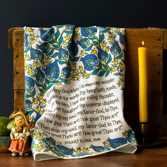How Great Thou Art Hymn Tea Towel - Full Color - Blue Floral