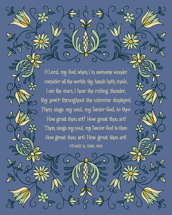 How great thou art artwork printed into hymn wall art i.e. an 8x10 hymn art print with navy background and cream and green floral flat image