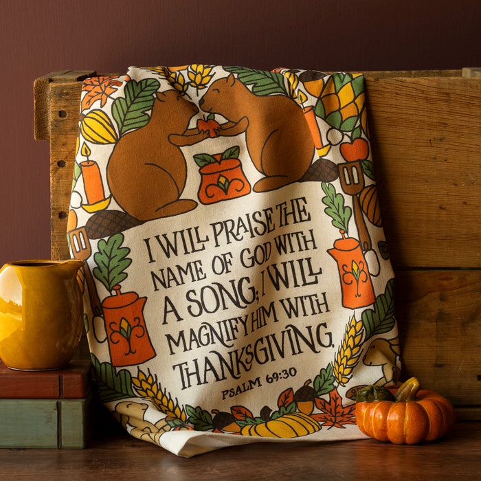 I Will Praise Thanksgiving Tea Towel - Full Color
