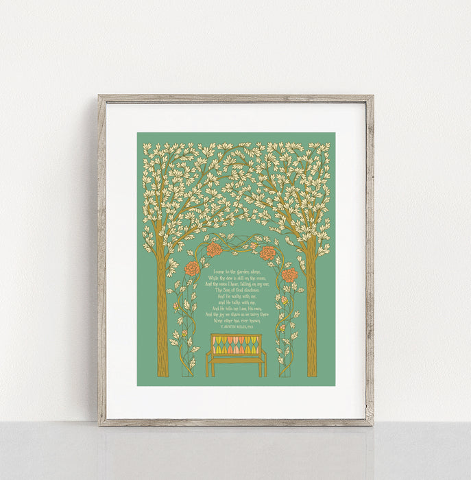 In the Garden gospel song art print in a generous 11x14 features the song text surrounded by illustration of a beautiful garden setting against a teal background, displayed in a light gray wood frame.