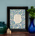 In the Secret of His Presence hymn art print in 8x10 size features hand-lettered hymn text surrounded by a vibrant blue and aqua floral illustration and shown styled with a frame, vase of greens, glass vase and wooden house figurine.