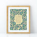 In the Secret of His Presence hymn art print, surrounded by a vibrant blue and aqua floral illustration, displayed in a light wood frame.