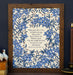 The "It Is Well" hymn art print in 11x14 features hymn text surrounded by a blue florals against a vanilla background, shown styled in a dark wood frame with a candle, books, and a ceramic figurine.