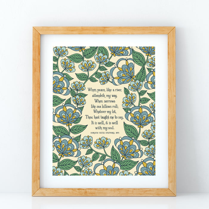 It Is Well Hymn Art Print - Blue Floral