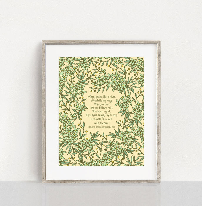 It is Well With My Soul 11x14 Hymn Art Print light green floral surrounding the hand written hymn on a cream background in a light colored frame — perfect Christian wall art for a living room