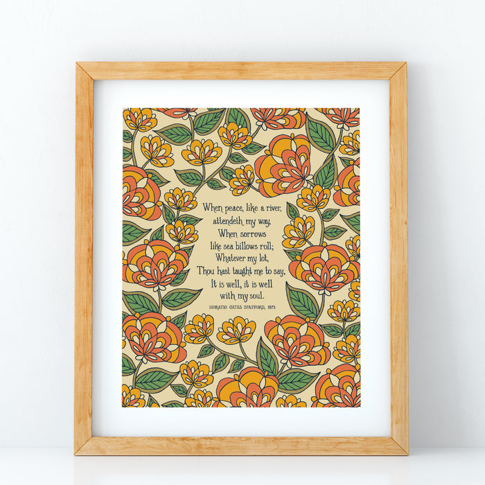 It Is Well Hymn Art Print - Orange Floral