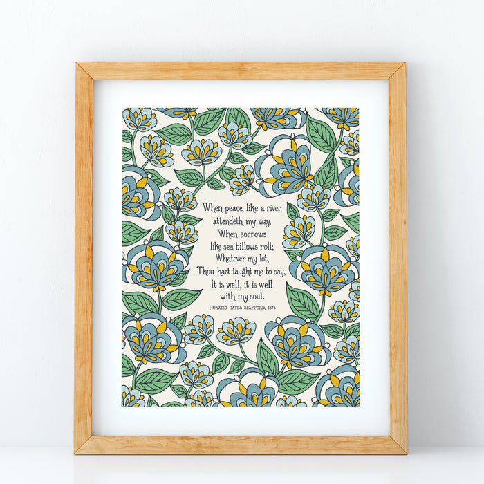 It Is Well Hymn Art Print - Blue Floral