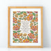 The "It Is Well" hymn art print features hymn text surrounded by a orange florals against a cream background, shown here framed against a white background